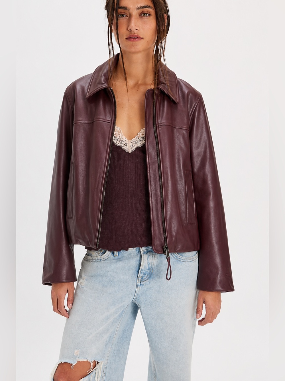 Fabletics Faux-Leather Puffer Bomber Jacket Maroon Medium NWOT